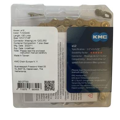 Ланцюг KMC e12 Ti-N Gold 1/2 X 11/128 130 ланок з замком в боксі, золотий