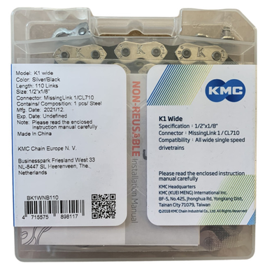 Ланцюг KMC К1 BMX/FIX Silver/Black 1/2 X 1/8 110 ланок з замком в боксі, чорний з сірим